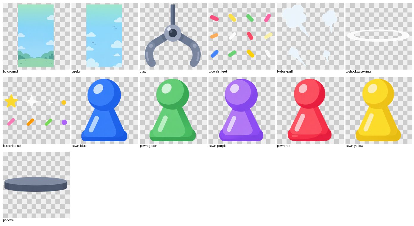 13 gameplay pieces: pawns, pedestal, claw, effects and backgrounds
