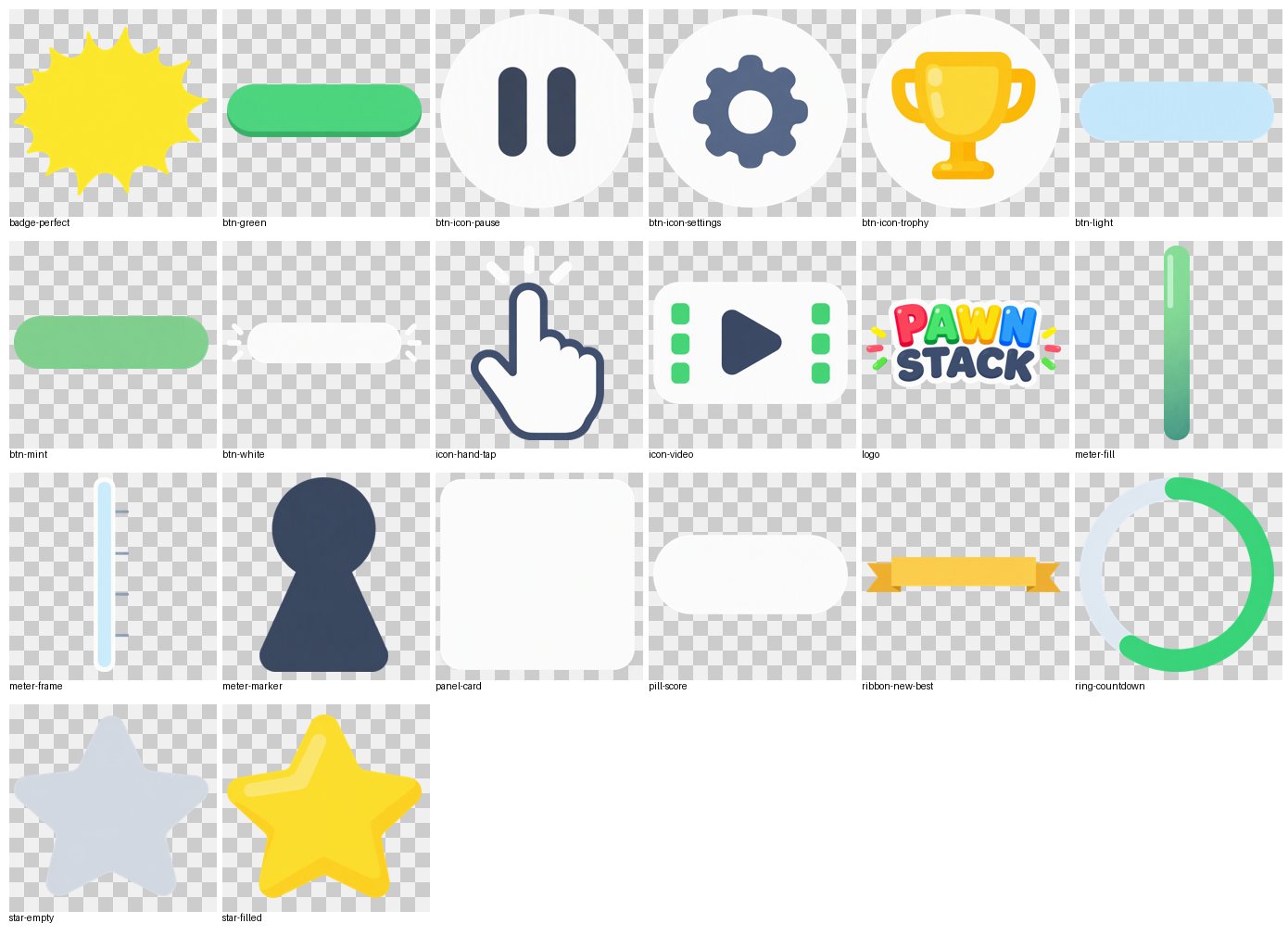20 UI pieces on a transparent checkerboard