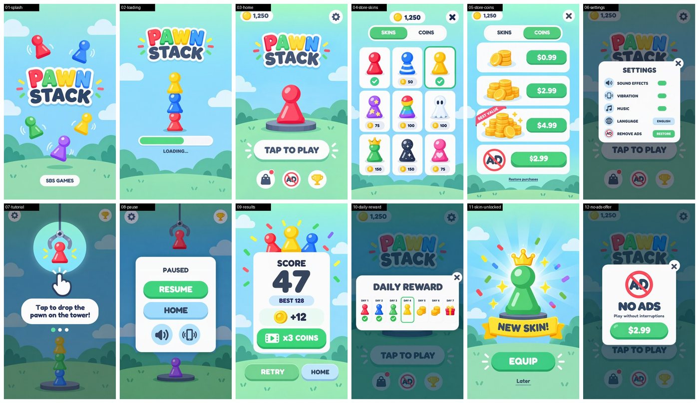 All 12 Pawn Stack screens after the fixes