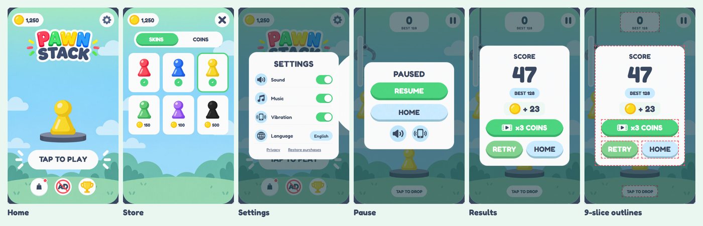 Six screens of the HTML mock: home, store, settings, pause and results