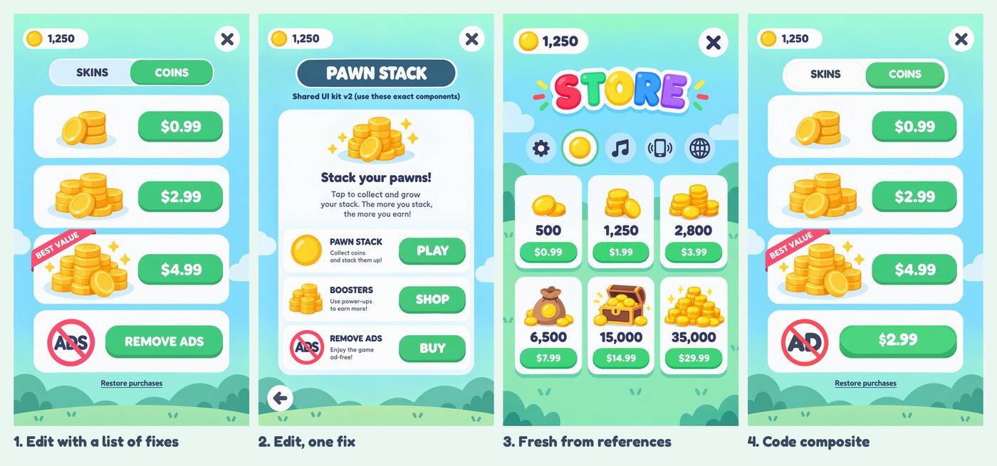 The same store screen after four different repair methods