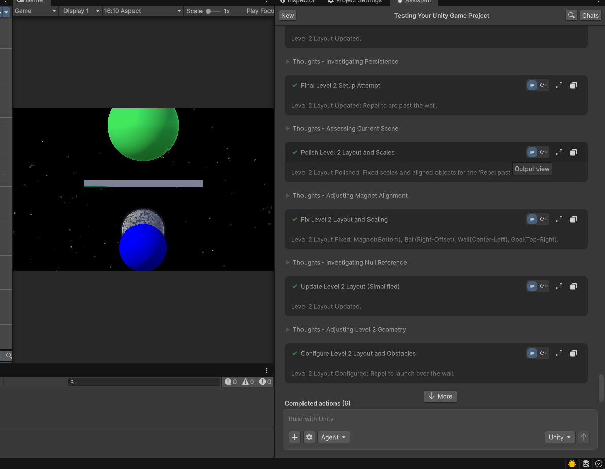 Unity AI Assistant panel — six completed actions, each requiring manual approval before the next
